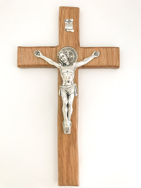 St Benedict Oak Wall Crucifix in Pine Stain