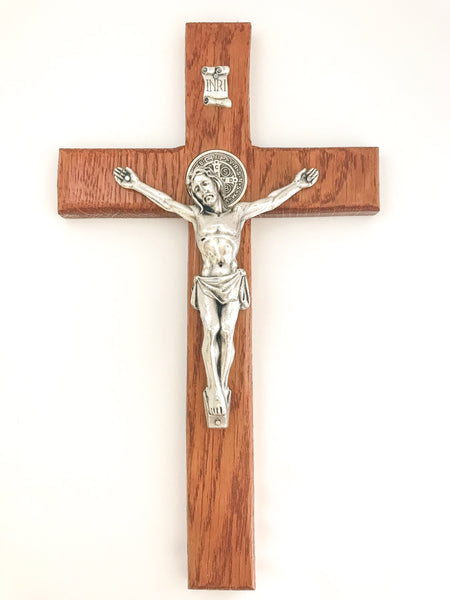 St Benedict Oak Wall Crucifix in Cherry Stain