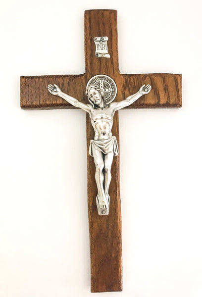 St Benedict Oak Wall Crucifix in Walnut Stain