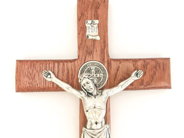 St Benedict Oak Wall Crucifix in Cherry Stain