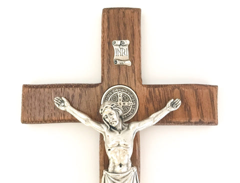 St Benedict Oak Wall Crucifix in Walnut Stain
