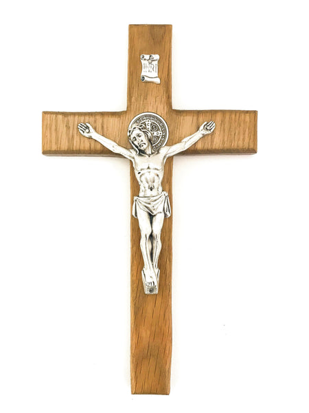 St Benedict Oak Wall Crucifix in Oak Stain